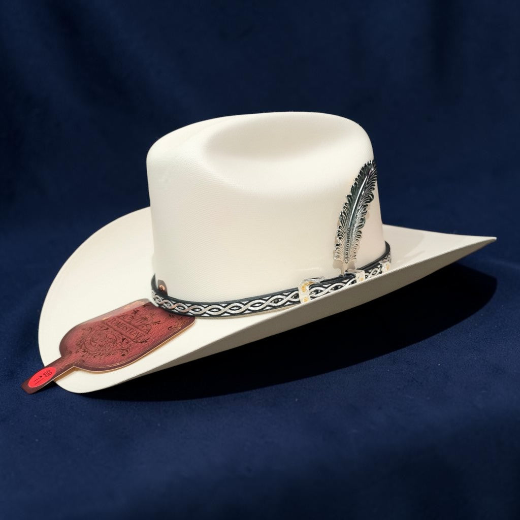 Sombrero Tombstone 5,000X - Toquilla Hilo de Plata, Pluma Metálica y Estuche Premium